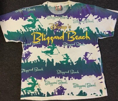 Vtg 90s Disney Blizzard Beach Faded Distress AOP Shirt L Surf Vaporwave Grunge