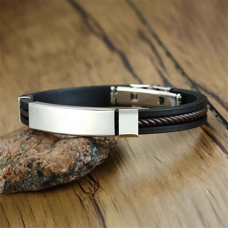 Pulsera de silicona negra marca curvada de acero titanio plata joyería para hombre y mujer Foto 3 de 4