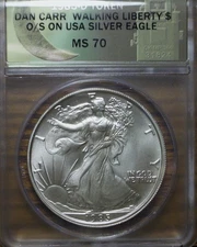 1985-D TOKEN DAN CARR MS70 WALKING LIBERTY$ O/S ON .999 SILVER EAGLE ANACS