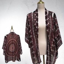 Bohemian Kimono Cardigan S/M Burgundy Geometric Tribal Mandala Sheer Festival
