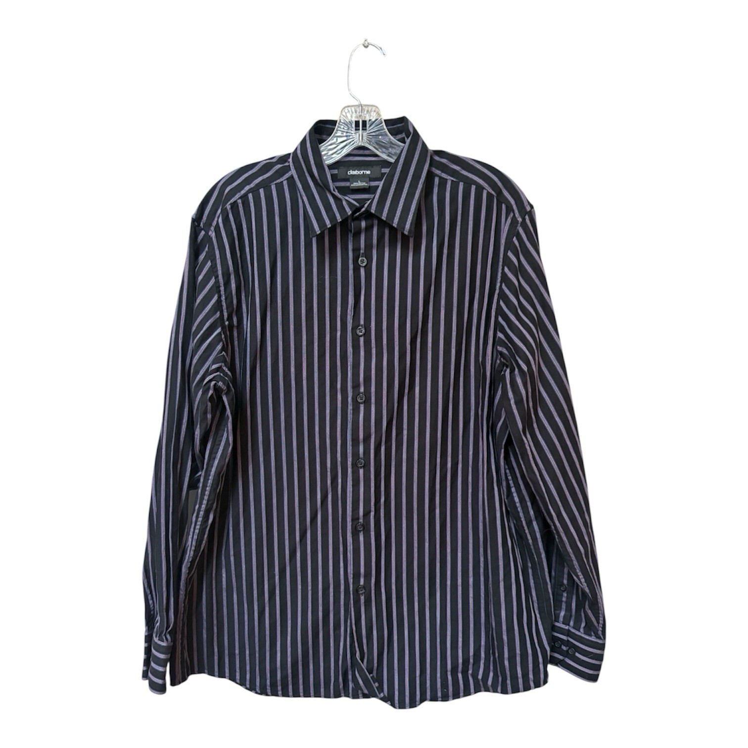 Claiborne Men’s Button Down Shirt Large Black Striped Cotton Long Sleeve