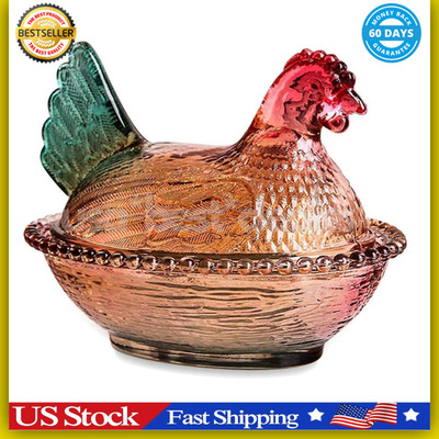 Vintage-Style Glass Hen on Nest Dish with Lid, Colorful Pedestal Candy Bowl