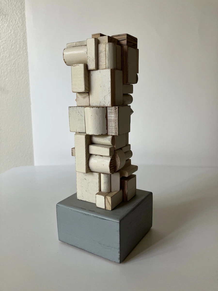 Abstract wood sculpture assemblage 9 1/8 inch art signed brutalist modernist