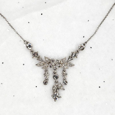 Victorian Trading Co Rhinestone Necklace Floral Dangle Clear Silver Tone
