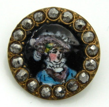 Antique Button Hand Painted Enamel Portrait Picture Woman Hat Cut Steels  5/8"