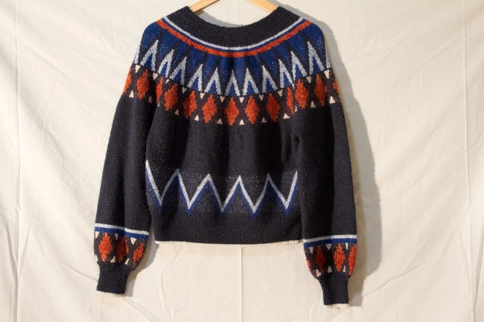 Разные Anthropologie пушистый Fair Isle свитер Nordic воздушный шар рукав темно-синий S - Изображение 2 из 4
