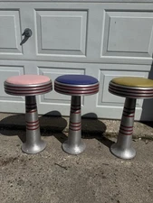 Vintage Soda Fountain Bar Spinning Stools Chrome Pastel Set Of 3