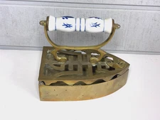 Vintage Brass Coal Iron w/ Blue & White Ceramic Handle ~ Locking Opening Lid