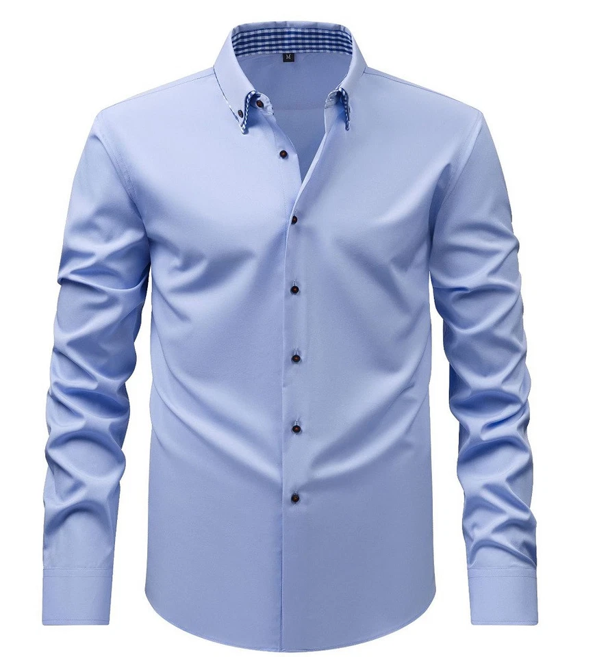 Mens Double Collar Dress Shirts Formal Long Sleeves Casual None Iron Shirts Tops - Image 3 of 4