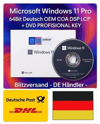 MARKENLOS Microsoft Windows 11 Pro 64 bits alemán OEM CERTIFICADO DE AUTENTICIDAD versión completa licencia - DVD KEY ¡NUEVO!
