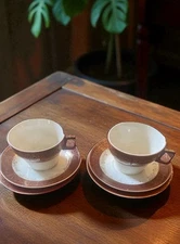 2 Leigh Ware Maroon Emperor T Cup Saucer Plate Sets MCM 22K Gold Trim (6 -pcs)