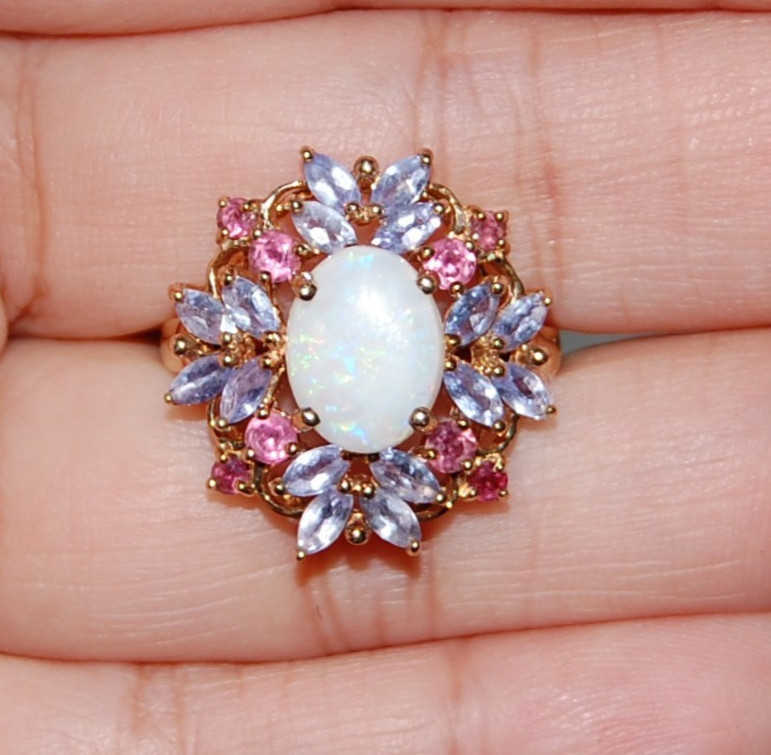 10K Gold Ring Fire Opal Tanzanite Ruby Floral Clu… - image 2