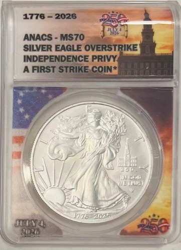 1776-2026-D Silver Eagle Overstrike INDEPENDENCE PRIVY  ANACS MS 70 FS 🇺🇸 video thumbnail