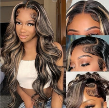 Lace Front Human Hair Wig Body Wave Wavy 1B/27 Black/Blonde 30 in