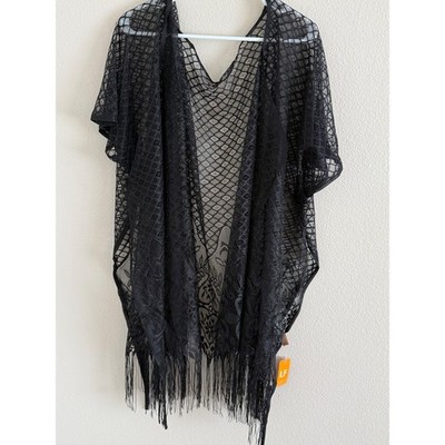 Love Of Fashion NY Black Lace Fringe Kimono Wrap Beach Cover Up LOF1263 NEW
