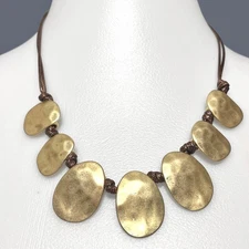 Hammered Metal Statement Necklace Brown Cord Gold Tone Charm Fringe Pendants 20"