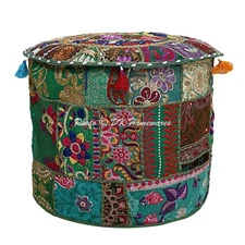 New Green Patchwork Floor Pillow Footstool Round Pouf Cover Ottoman Home Decor