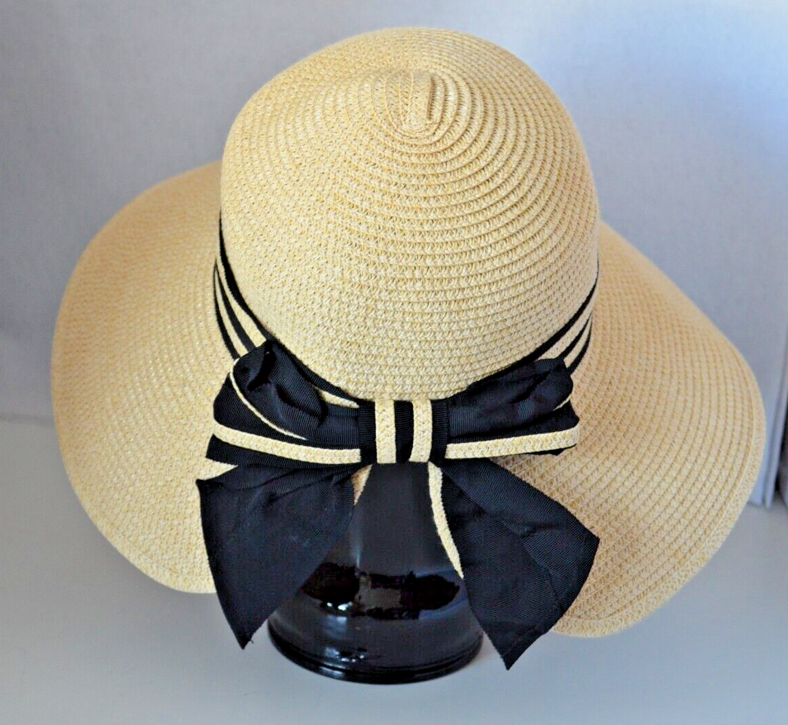 SIGGI Straw Sun Hat Womens Black Band Bow Wide Brim 57cm  display picture 2