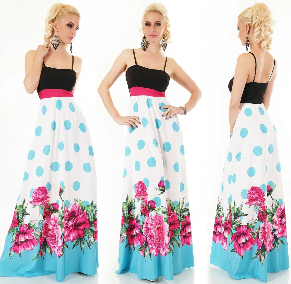 ITALY Maxi Sommer Kleid extra lang Dots Punkte Blumen Print Party Strand  - Bild 3 von 4