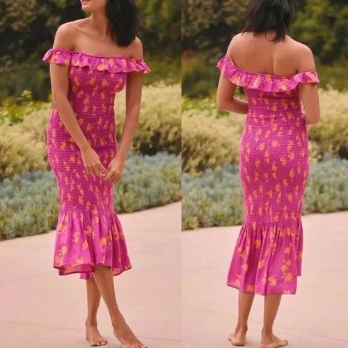 NWT Anthropologie Celandine Off Shoulder Smocked Midi Dress Pink Orange Floral M - 第 1/5 張圖片