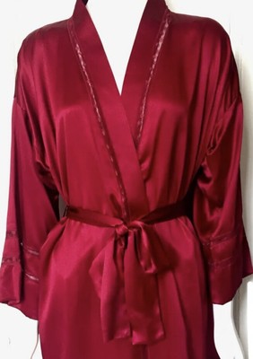HELEN SANCHEZ  Robe W/Tie Red Sz. M/L Ruby Red Kimono W/Insert Lace Detail Silk