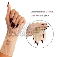 Seamless Latex Gloves with Long Red Nail Art Rubber Gloves Clubwear 0.25mm BDSM