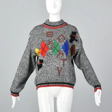 S 1980s Gray Knit Scotty Dog Sweater Novelty Long Sleeves Comfy Casual 80s VTG