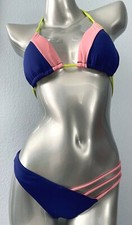 Victoria's Secret Marina Blue Pink Triangle Top Strappy Bikini Bottom Set SMALL