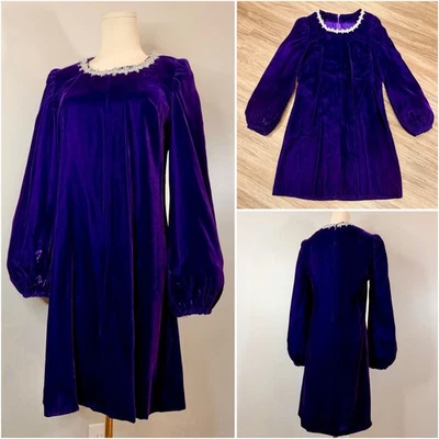 Vintage 1960s Purple Velvet Renaissance Revival Mini Dress Mod Gogo Medieval - Photo 1/4