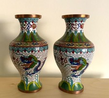 Pair Vintage Chinese Cloisonné Vases Double Dragon 6.5"h Copper Enamel Colorful