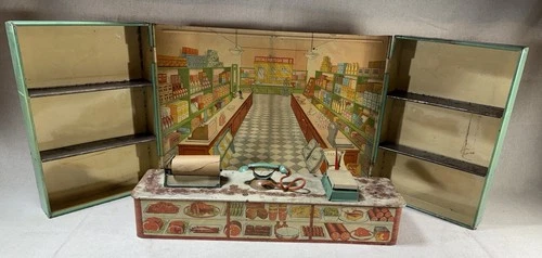 Vintage 1930s Wolverine Tin Litho Folding Toy General Grocery Store  Accessories