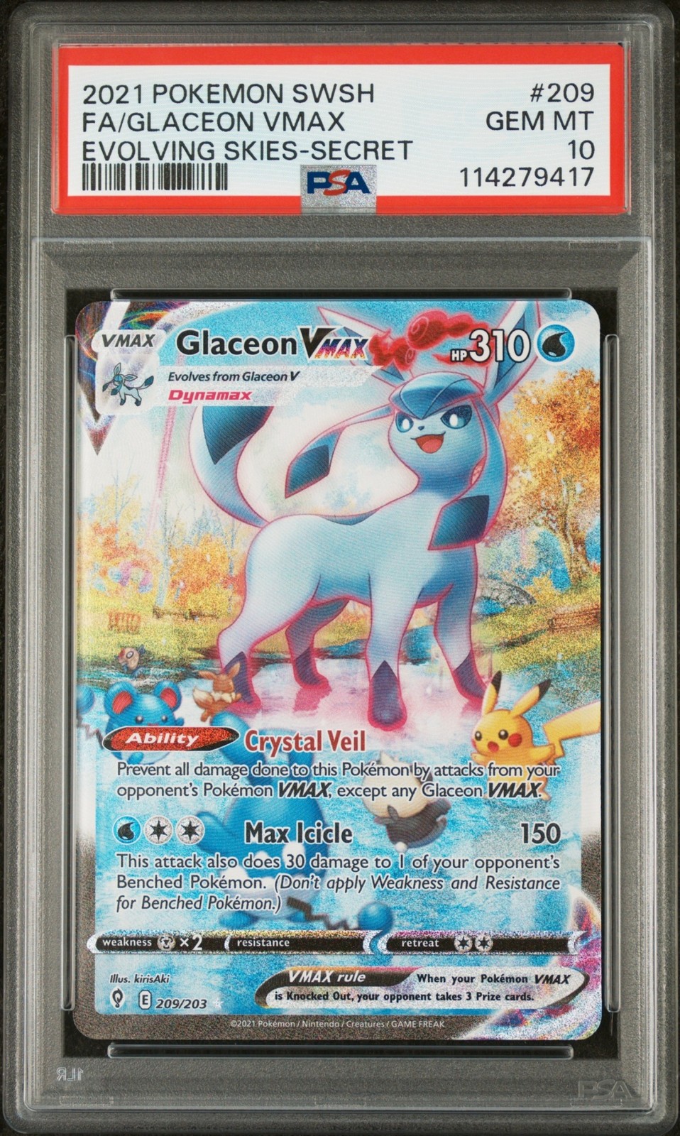2021 Pokemon Sword & Shield Evolving Skies Glaceon VMAX #209/203 PSA 10