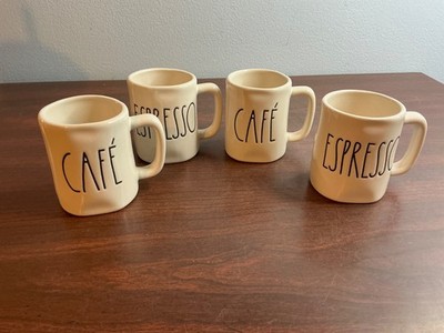 Set of 4 CAFE & ESPRESSO Ceramic Coffee Mugs Cream Color Rae Dunn