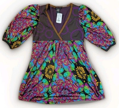 Custo Barcelona Babydoll Top Women 2 Multicolor Psychedelic Boho Y2K Puff Sleeve