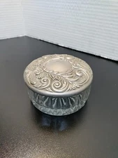 Vintage Silver-plated Crystal Glass Powder Puff Jar Makeup Vanity 3 1/2”