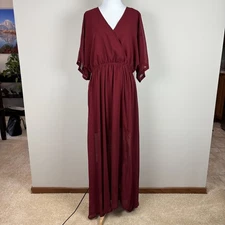 ANRABESS Maxi Dress XL Maroon Sheer Lined Slit Dolman 3/4 Sleeve Elastic Waist