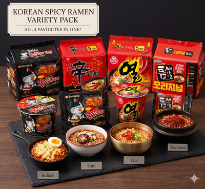 Korean Spicy Ramen Variety Pack (20 Packs) - Buldak, Shin Ramyun, Teumsae, Yeul