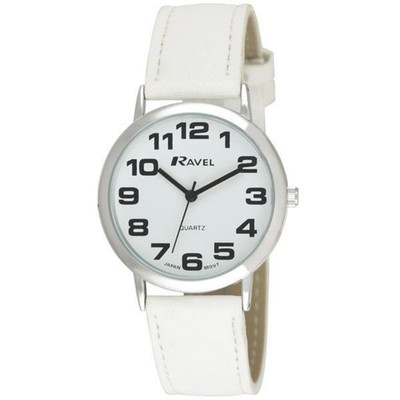Uhr weiß Kunstlederband großes Ziffernblatt Unisex klassisch leicht ablesbar Quarz 36 mm +