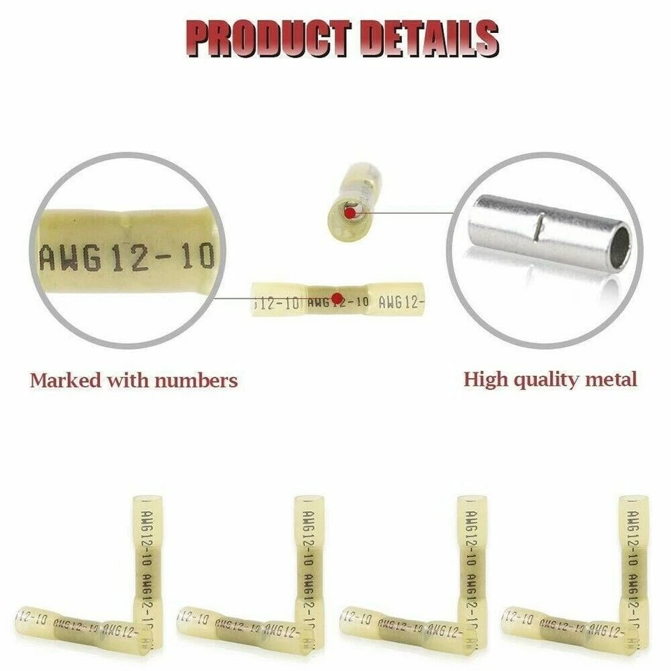1000Pcs Yellow Heat Shrink Butt Wire Connectors Crimp Terminals AWG 12-10 Gauge - Image 4 of 4
