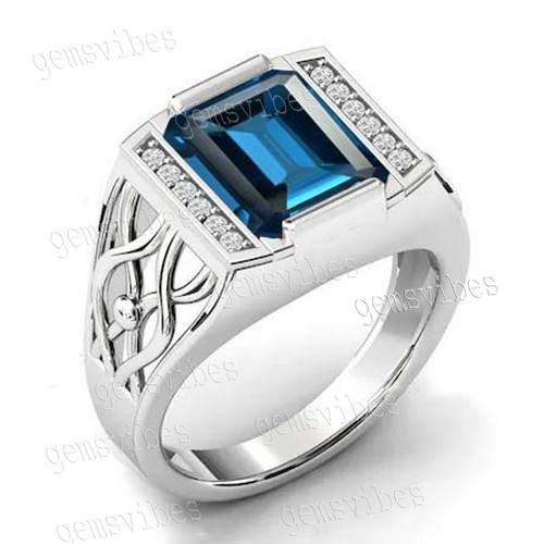 Bague En Argent Sterling 925 Avec Topaze Bleue De Londres - Fait Main, Cadeau Homme/ Femme