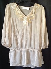 NUEVO $119 Blusa Top Chicos Lentejuelas Transparentes Elegante Cottage 3/4 Beige Antiguo 0 XS 4 6