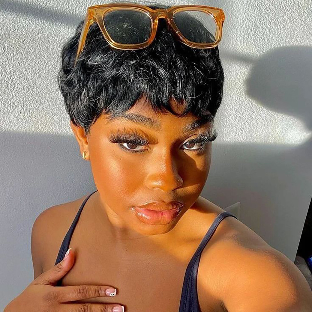 Pixie Cut Wig Black Wave Human Hair No Lace Layered Pixie  display picture 1