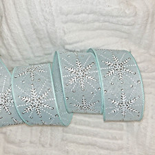 Light Mint  White Snowflakes Wired Edge Ribbon 2.5"x10yds Brand New
