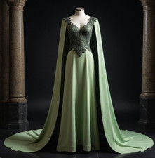 Vintage Green Satin Wedding Dresses Lace Appliques A Line Cape Bridal Gowns