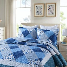 Blue Floral Quilted Pillow Sham Microfiber Pillow Shams