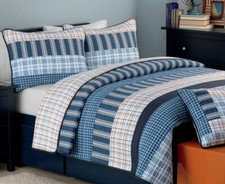 Navy Blue Orange Striped Plaid 3 pc Quilt Set Twin Full Queen Cotton Coverlet