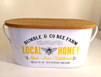 White Oval Tin Metal Bumble Bee Graphics w/ Wooden Lid Bread Storage