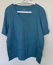 EILEEN FISHER V-NECK TEE TOP 100% ORGANIC COTTON SHORT SLEEVE TURQUOISE S