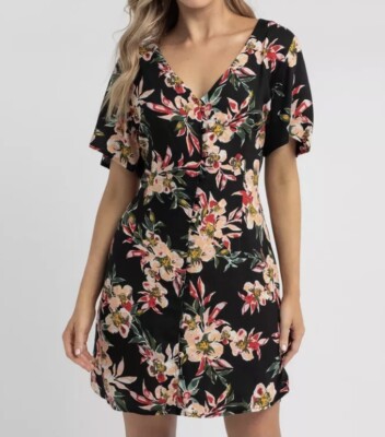 Ladies Size XS ROXY Black Floral Damage Love Short Dress *NEW* RRP $79.99