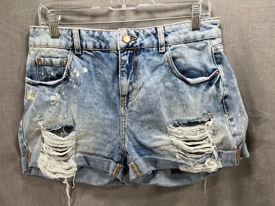 Zara Basic Shorts Womens 08 Blue Distressed Pocketed Zip Belted